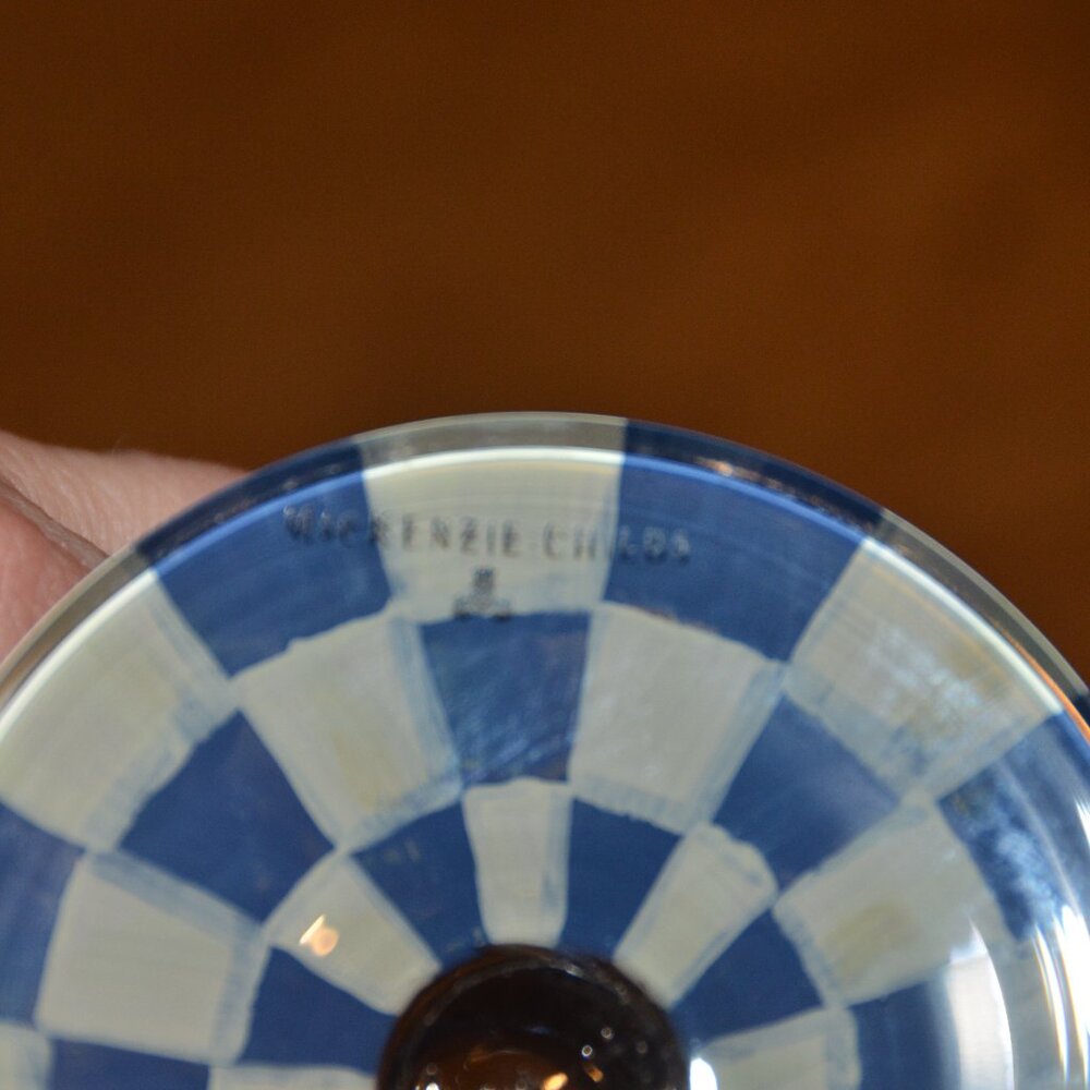 RARE RETIRED DESIGNER MACKENZIE CHILDS BLUE ROYAL CHECK GOLD WATER GLASS GOBLET - Picture 11 of 11